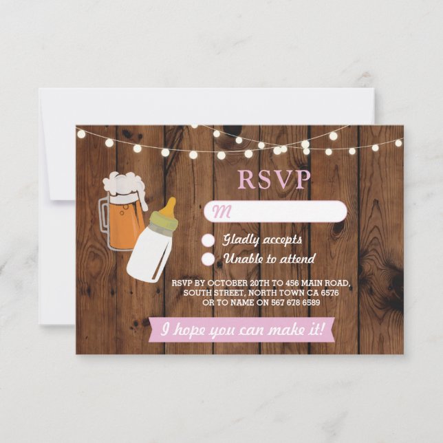 RSVP Baby Shower Pink Girl Beer Brewing Wood Invitation (Front)