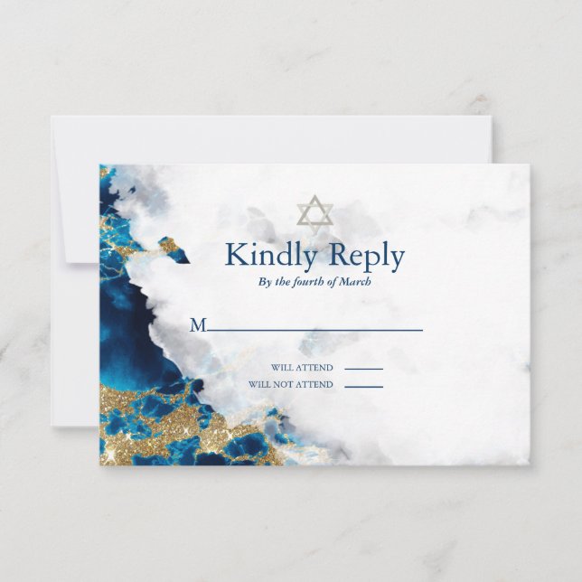 RSVP Bar Mitzvah Blue Sapphire Watercolor Geode (Front)