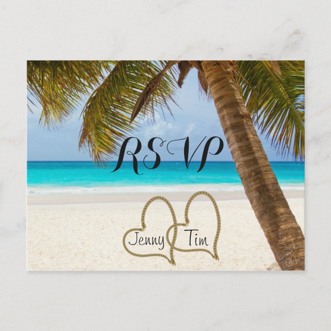 RSVP beach love hearts bridal palm sand surf date Invitation Postcard (Front)