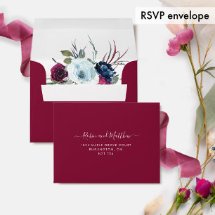 RSVP,  Berry, Blue and Burgundy Floral, Burgundy Envelope