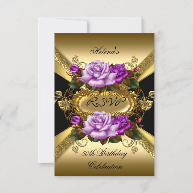 RSVP Birthday Party Roses Purple Gold Black (Front)