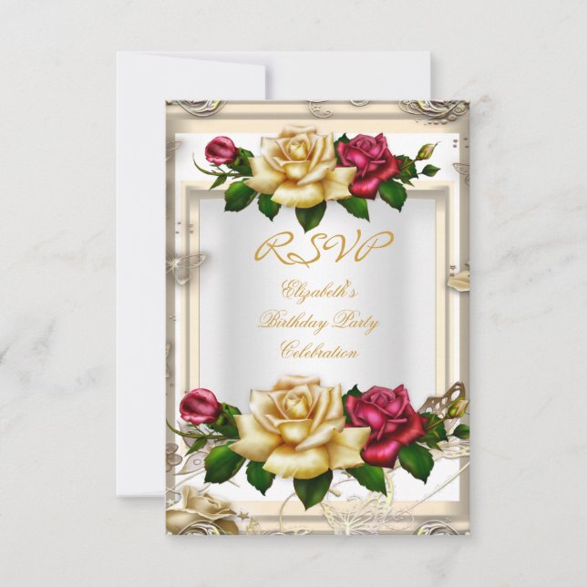 RSVP Birthday Party Roses White Gold Red Cream Invitation (Front)