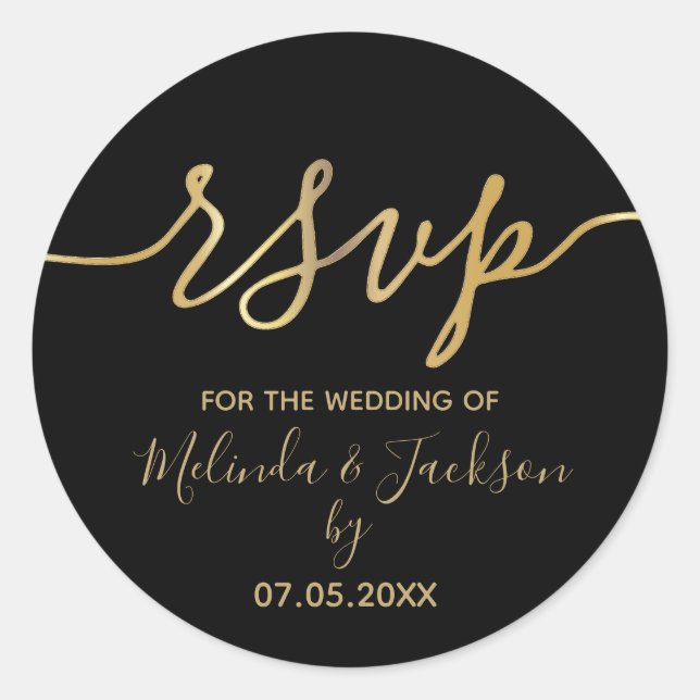 RSVP - Black and Gold Classic Round Sticker (Front)
