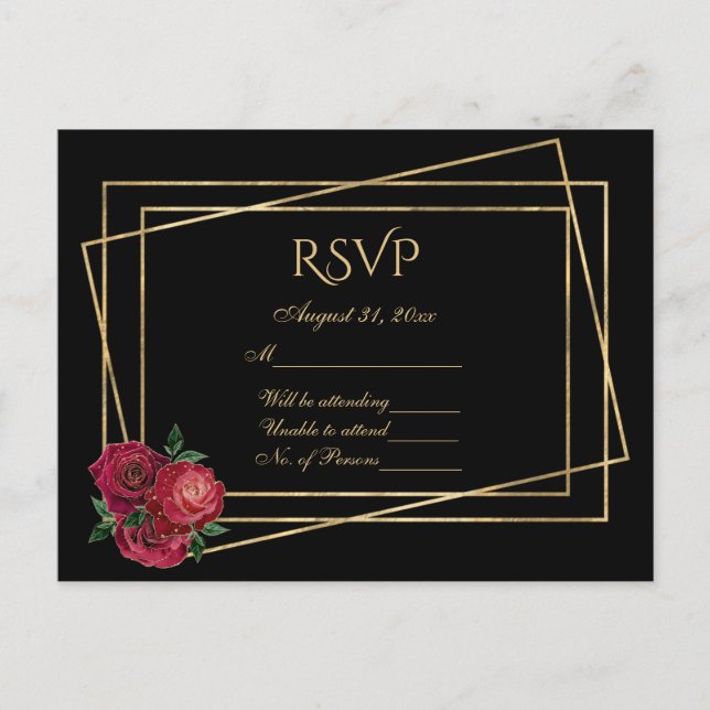 RSVP Black and Gold With Deep Red Glam Roses  Postcard (Front)
