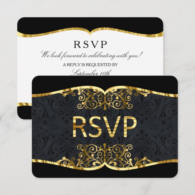 RSVP Black Gold Damask Elegant Wedding Invitation (Front/Back)