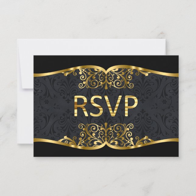 RSVP Black Gold Damask Wedding Invitation (Front)