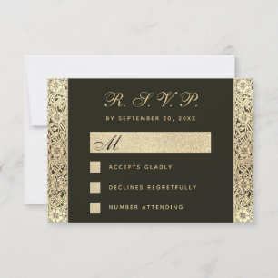 RSVP Black Gold Wedding Vintage Elegant Floral Card