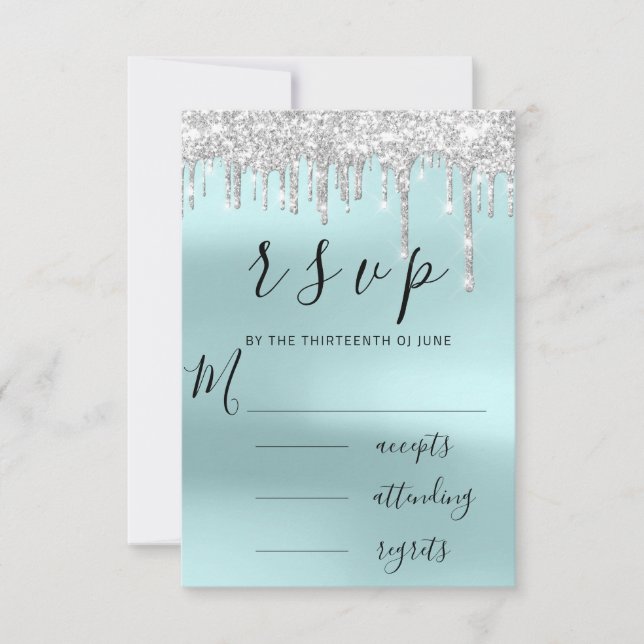 RSVP Black Grey Grey Silver Aqua Drips Wedding Card (Front)