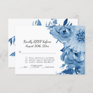 RSVP Blue n White Watercolor Modern Floral Wedding Invitation