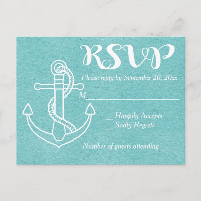 RSVP Blue Turquoise Ship Anchor Nautical Wedding Invitation Postcard (Front)