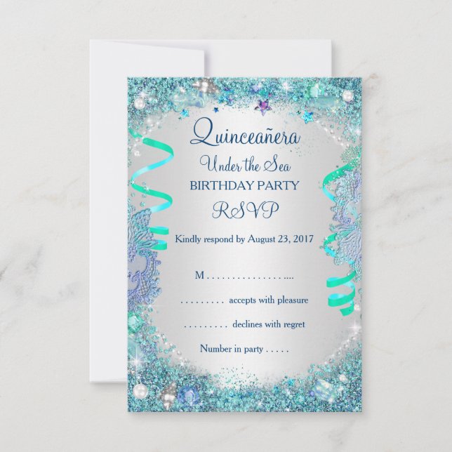 RSVP Blue Under The Sea Quinceanera 15th Birthday Card (Front)