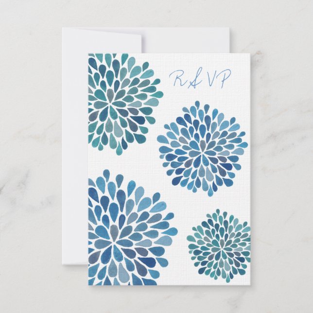 RSVP Blue Watercolor Dahlias Wedding Card (Front)