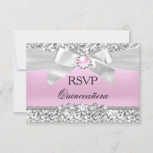 RSVP Blush Pink Glitter Pearl Bow Quinceanera Card