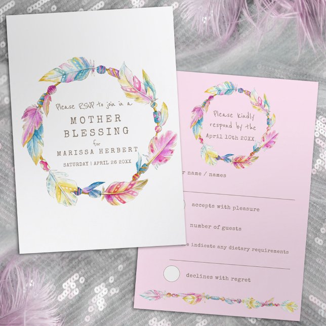 RSVP boho feather pink tribal baby blessing (Creator Uploaded)