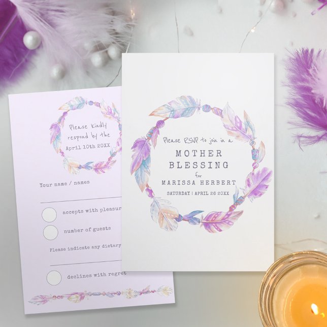 RSVP boho feather purple tribal baby blessing (Creator Uploaded)