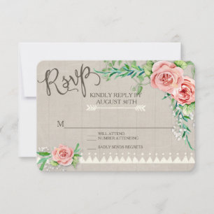 RSVP BOHO Flower Peony Babys Breath Wood Wedding Card