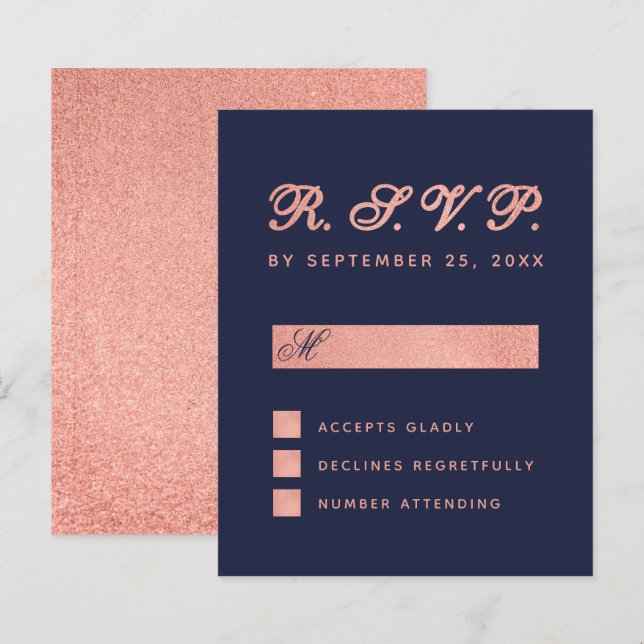 RSVP Budget Navy Blue Rose Gold Wedding Card (Front/Back)