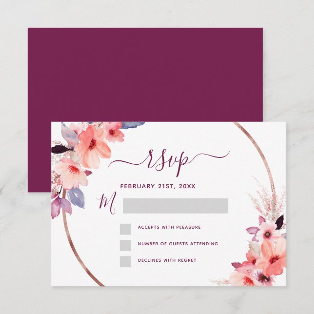 RSVP Burgundy Floral Rose Gold Geometric Wedding Invitation (Front/Back)