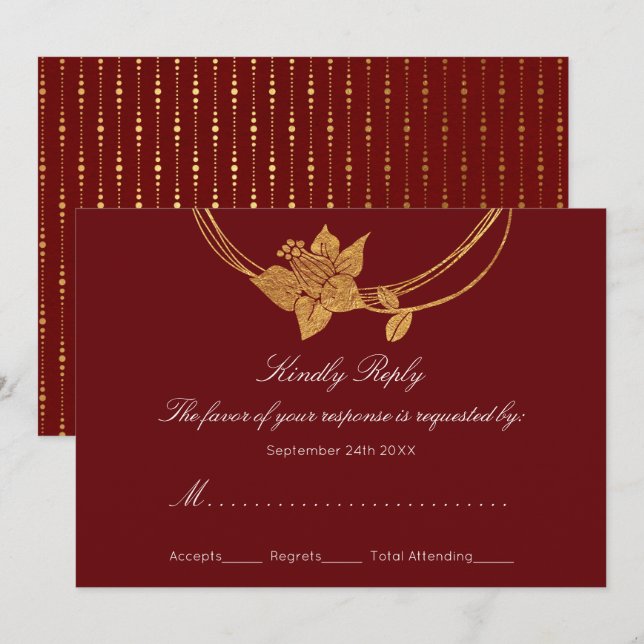 RSVP Burgundy Maroon Gold Floral Wreath Lux Invitation (Front/Back)