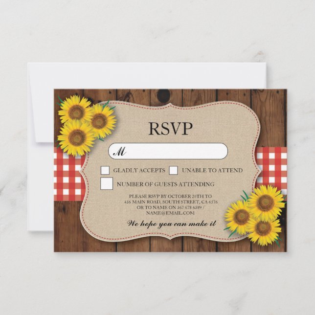 RSVP Burlap Wedding Wood Rustic Red Check Cards (Front)