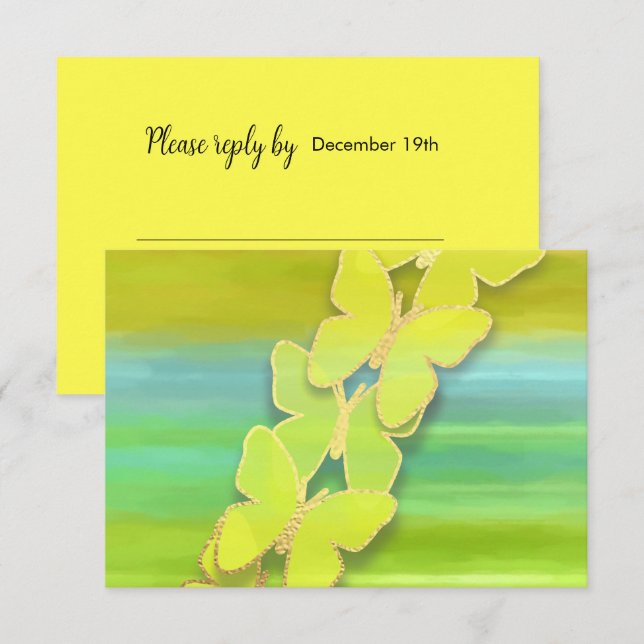 RSVP Butterfly Blue Green Yellow Watercolor  Invitation (Front/Back)