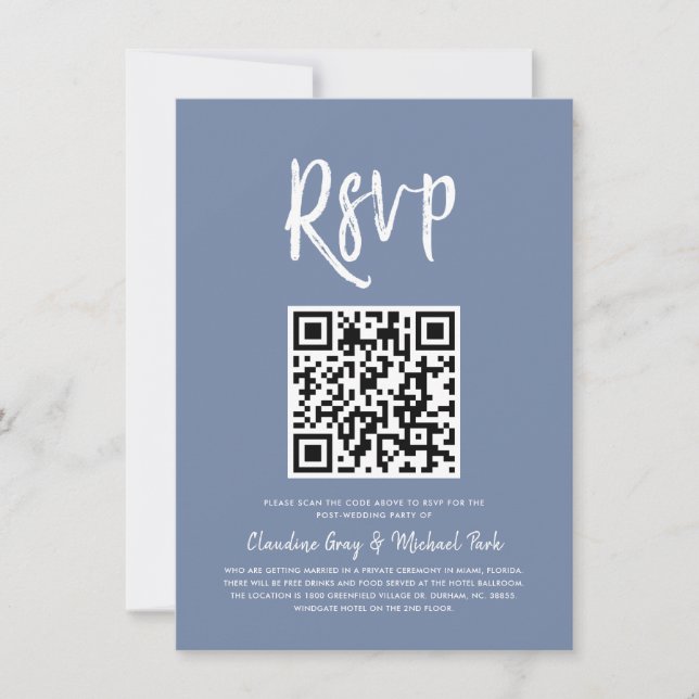 RSVP by QR Code | Pigeon Blue Script Style RSVP Invitation (Front)