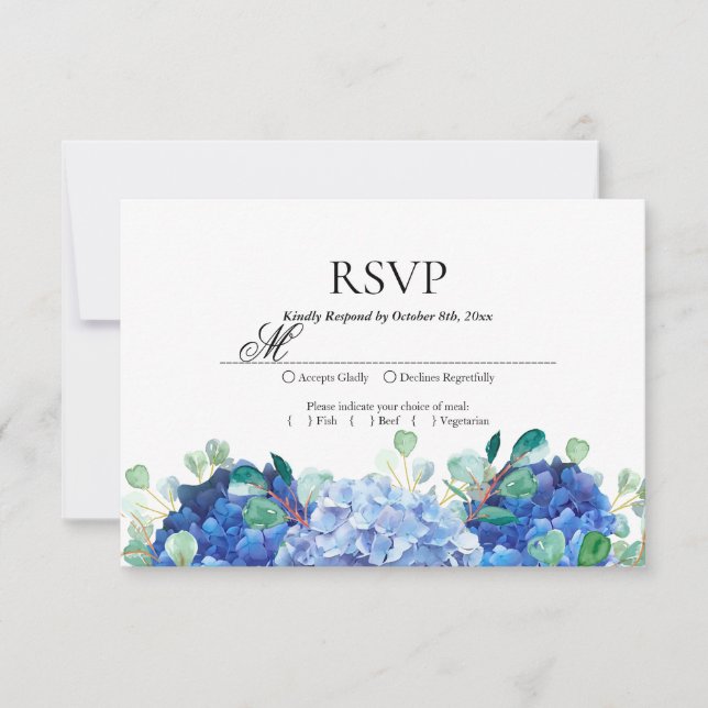 RSVP card blue hydrangea eucalyptus greenery (Front)
