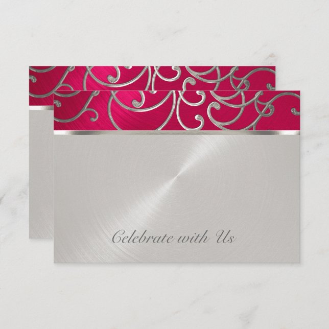 RSVP Card Elegant Magenta Pink Silver Filigree (Front/Back)