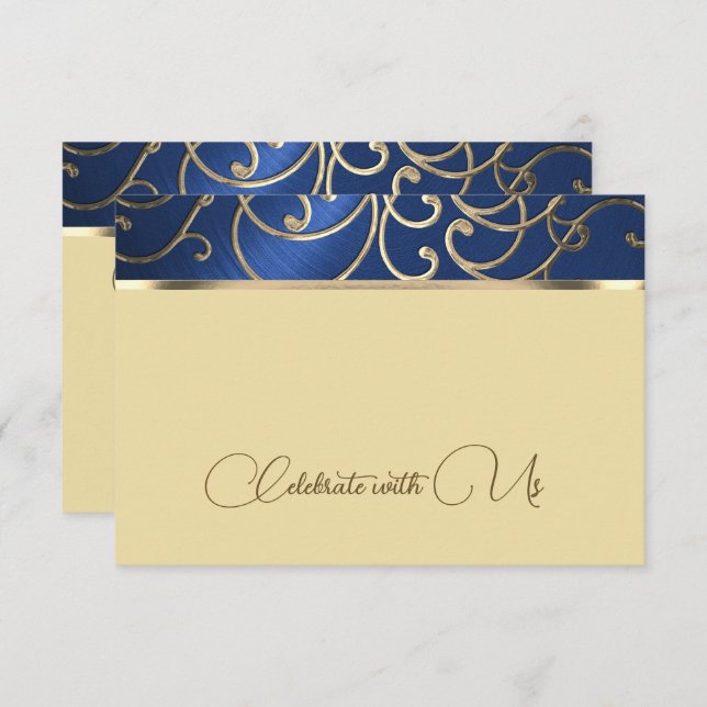 RSVP Card Elegant Navy Blue and Gold Filigree (Front/Back)