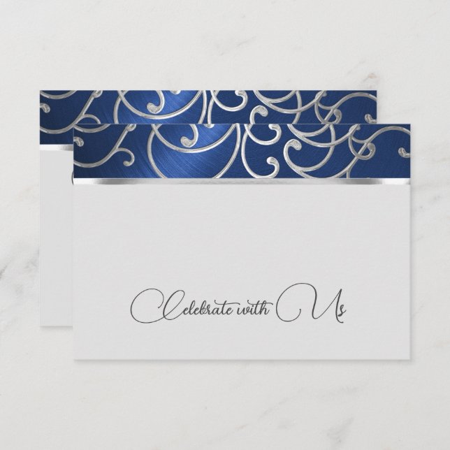 RSVP Card Elegant Navy Blue and Silver Filigree (Front/Back)