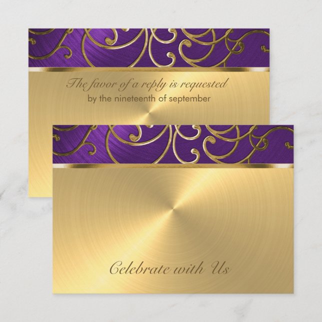 RSVP Card Elegant Purple and Gold Filigree (Front/Back)