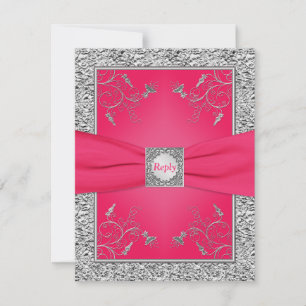 RSVP Card   Pink, FAUX Silver Foil, Floral