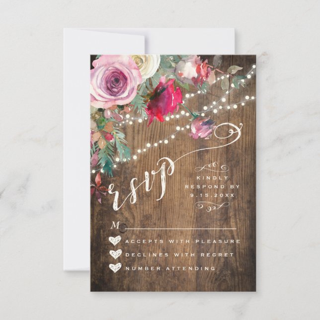 RSVP CARD | Rustic Floral String Lights Wedding (Front)
