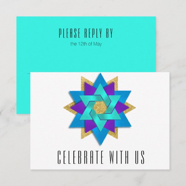 RSVP Card Turquoise Blue Aqua Purple Star Flower (Front/Back)
