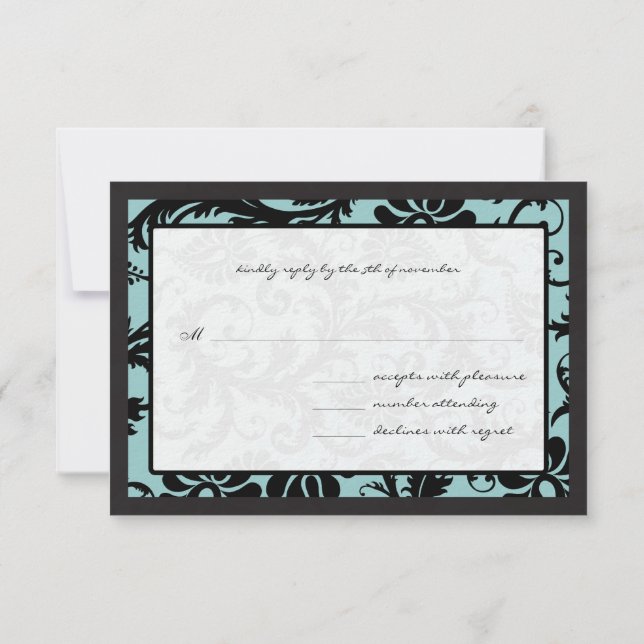 RSVP Cards-Black & Aqua Blue Damask (Back)