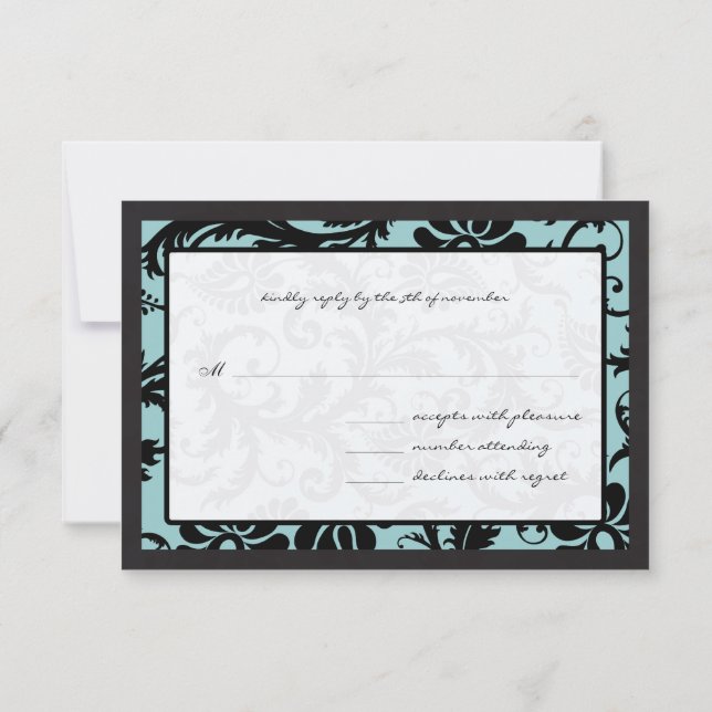 RSVP Cards-Black & Aqua Blue Damask Card (Back)