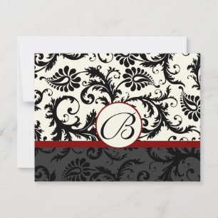 RSVP Cards-Black & Ivory Damask Maroon Trim