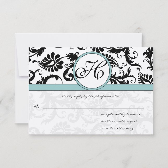 RSVP Cards-Black & White Damask Aqua Blue (Back)