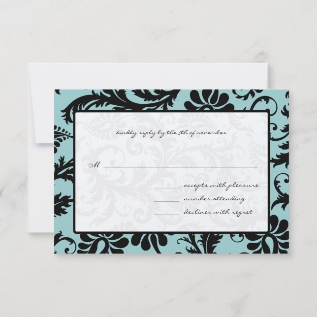 RSVP Cards-Black & White Damask Aqua Blue (Back)