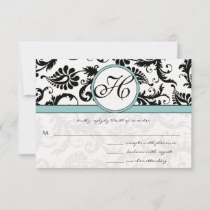 RSVP Cards-Black & White Damask Aqua Blue Card