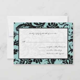 RSVP Cards-Black & White Damask Aqua Blue Card