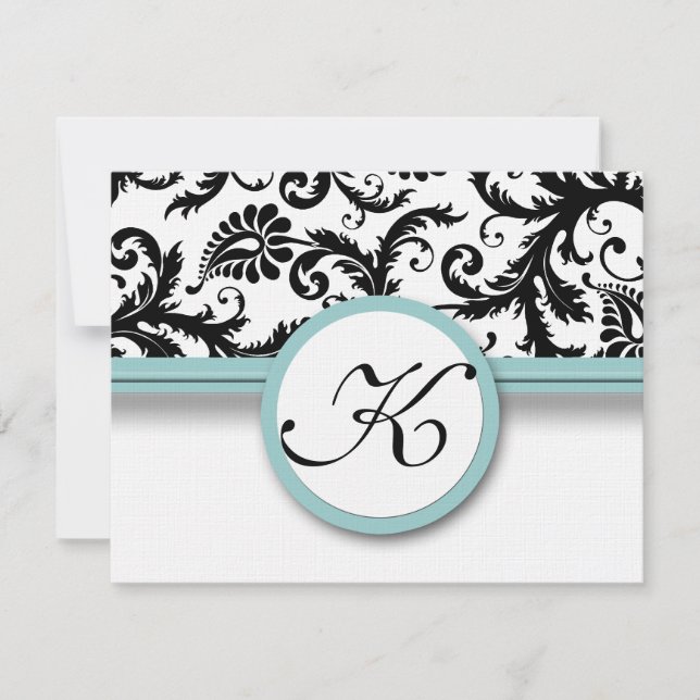 RSVP Cards-Black & White Damask Aqua Trim (Front)