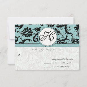 RSVP Cards-Black & White Damask Dark Pool Blue