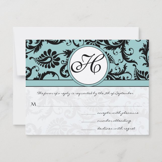 RSVP Cards-Black & White Damask Dark Pool Blue Card (Back)