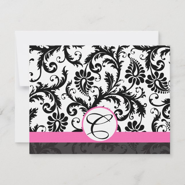 RSVP Cards-Black & White Damask Hot Pink Trim (Front)