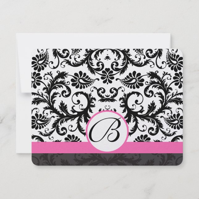 RSVP Cards-Black & White Damask Hot Pink Trim (Front)