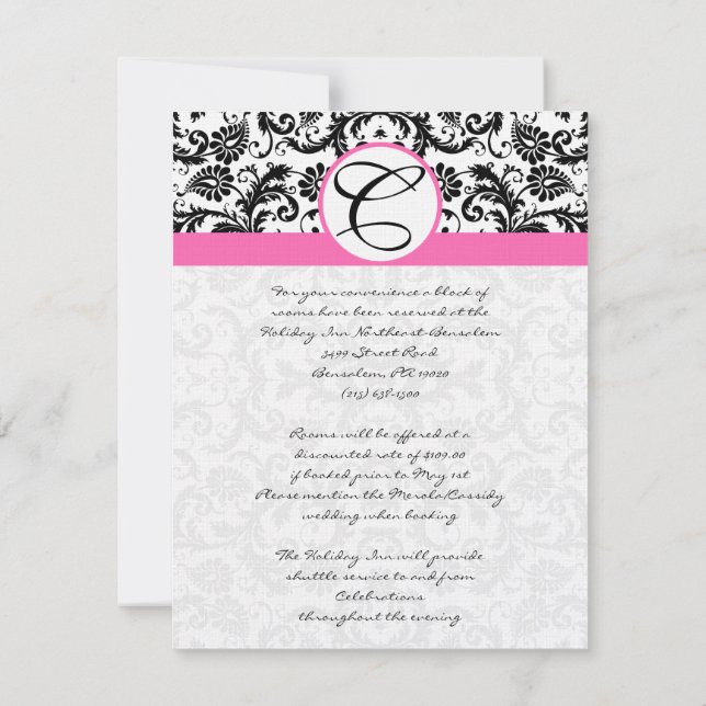 RSVP Cards-Black & White Damask Hot Pink Trim Invitation (Back)