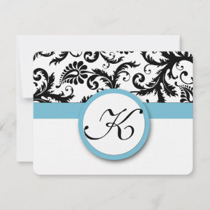 RSVP Cards-Black & White Damask Pool Blue Trim