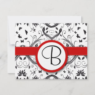 RSVP Cards-Black & White Damask Red Trim