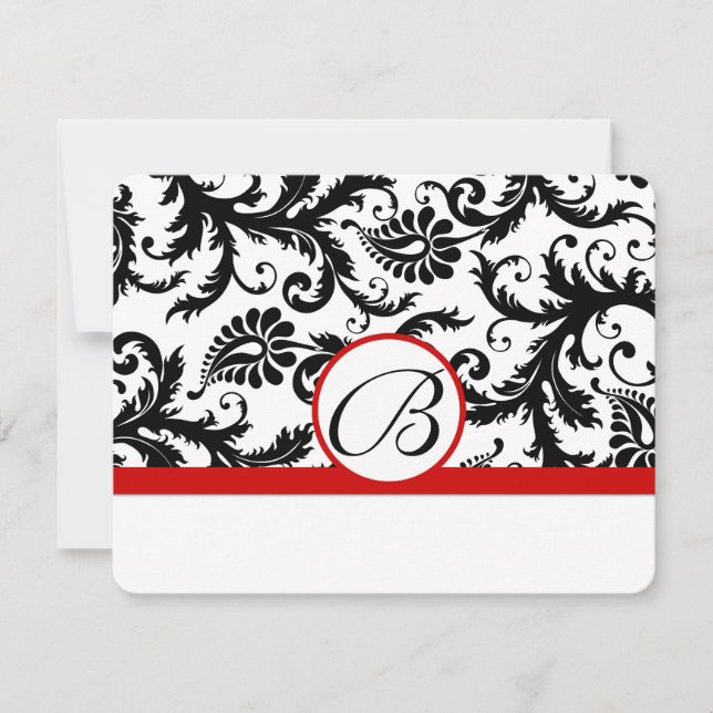 RSVP Cards-Black & White Damask Red Trim (Front)